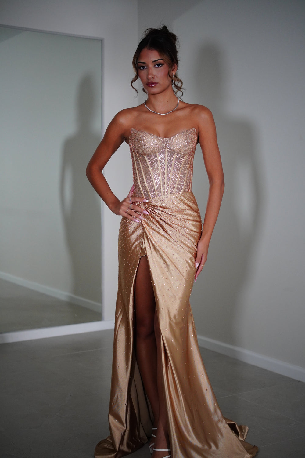 P73152C (Limited Edition Colours) P73152C Limited Edition Colours Embellished Gown in Gold | Milivine Boutique